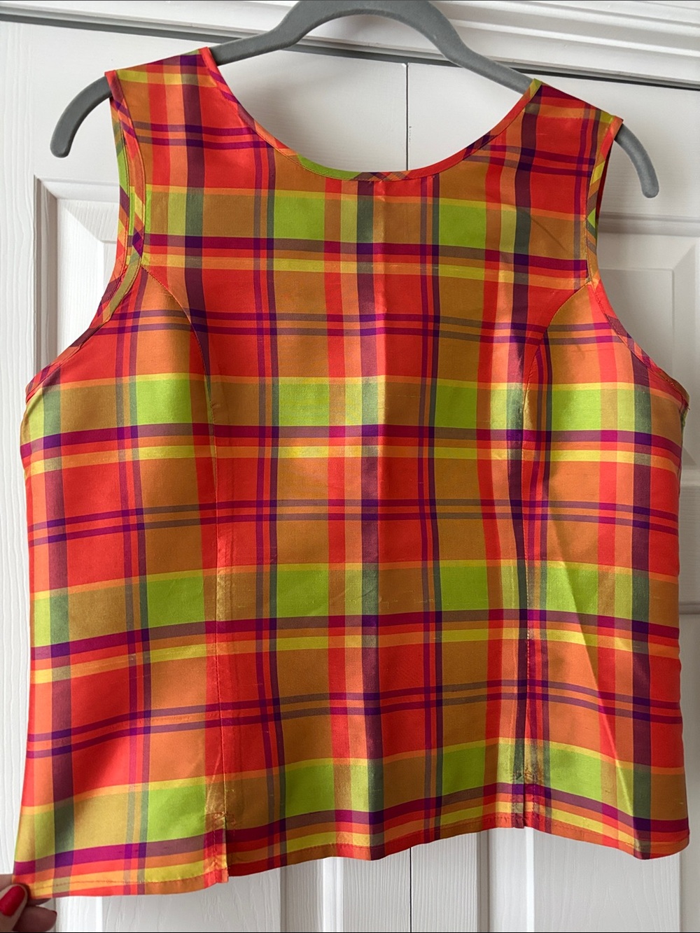 100% Silk Vintage 90s Sleeveless Tank Top in Orange & Lime Green Plaid